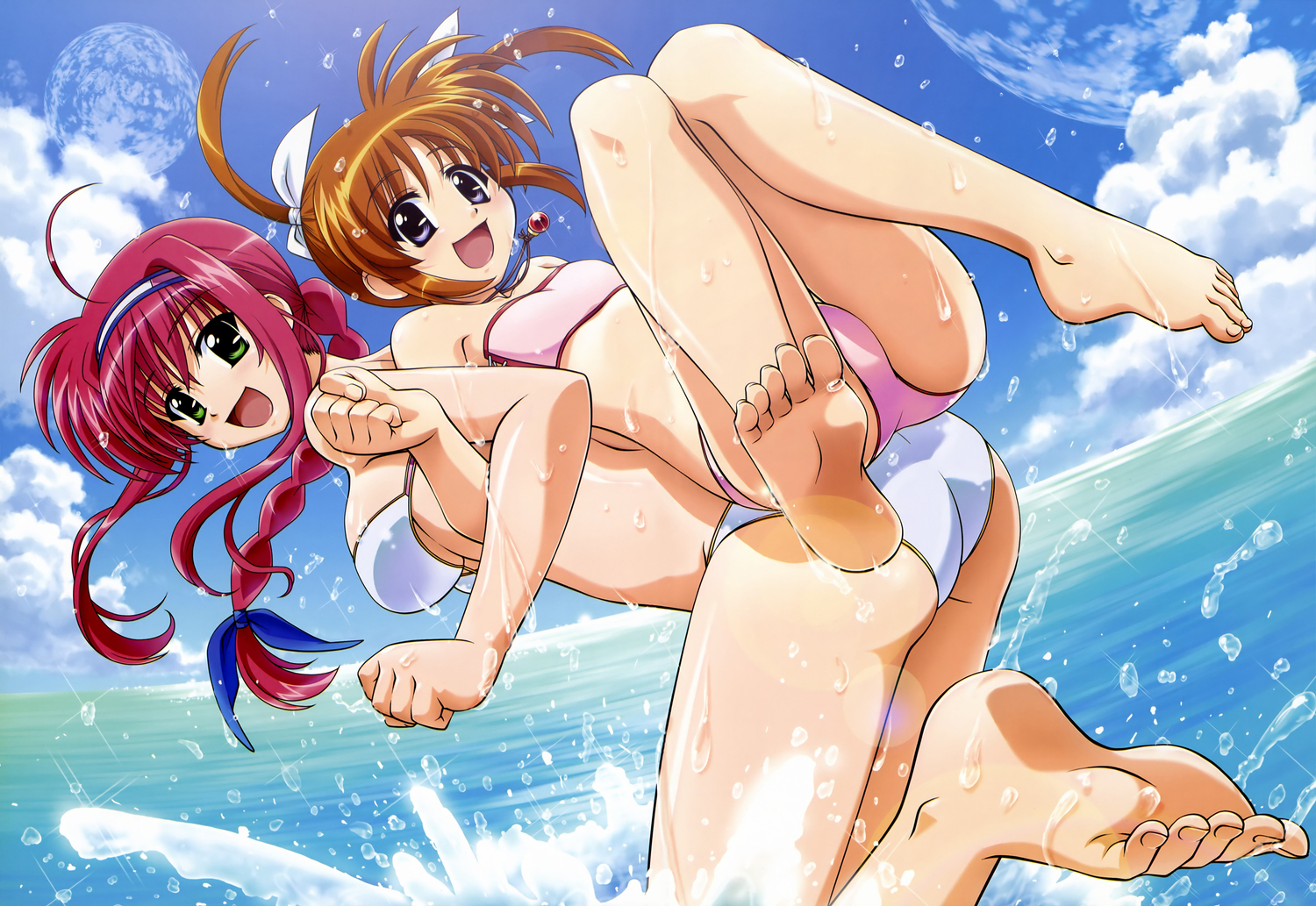 2girls, amitie_florian, barefoot, bikini, brown_hair, mahou_shoujo_lyrical_nanoha, mahou_shoujo_lyrical_nanoha_a's_the_gears_of_destiny, nyantype, scan, swimsuit, takamachi_nanoha, water