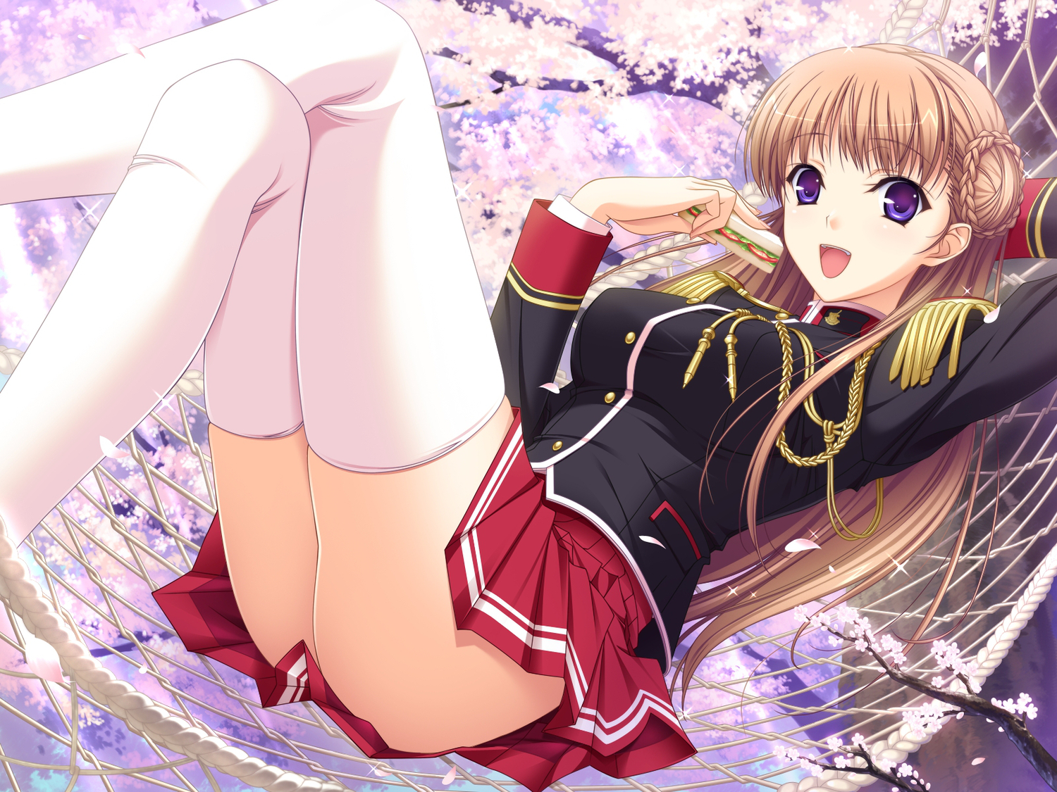 brown_hair, food, game_cg, komori_kei, long_hair, noel_marres_ascot, purple_eyes, ricotta, school_uniform, thighhighs, walkure_romanze