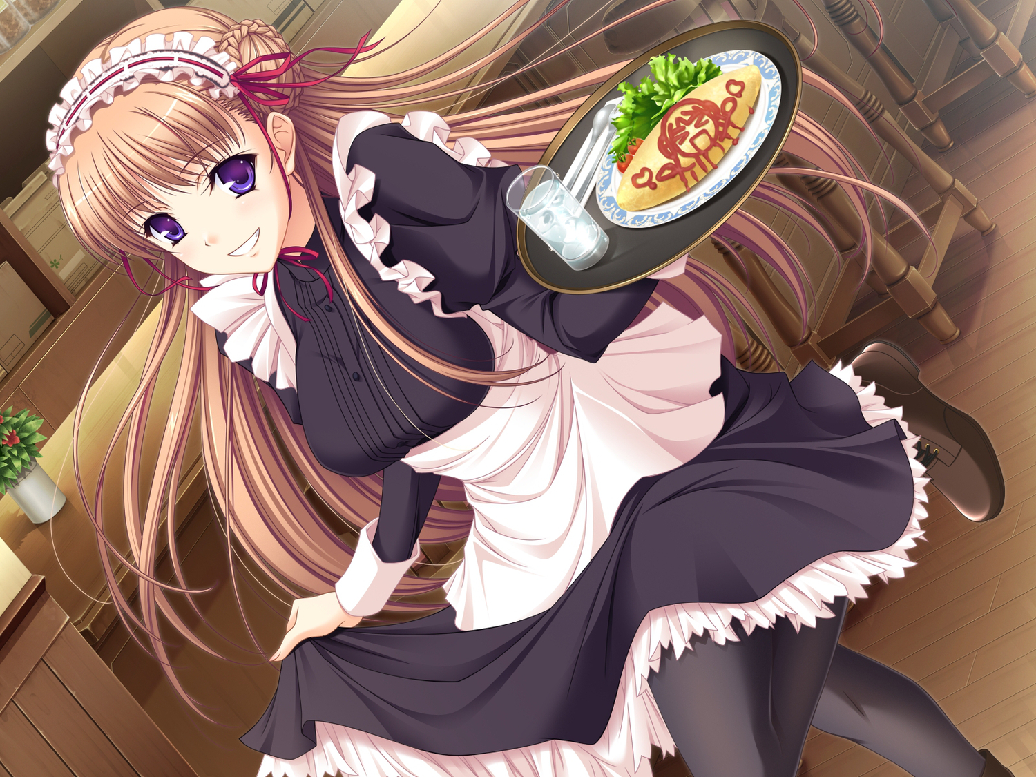 brown_hair, drink, food, game_cg, headband, komori_kei, long_hair, maid