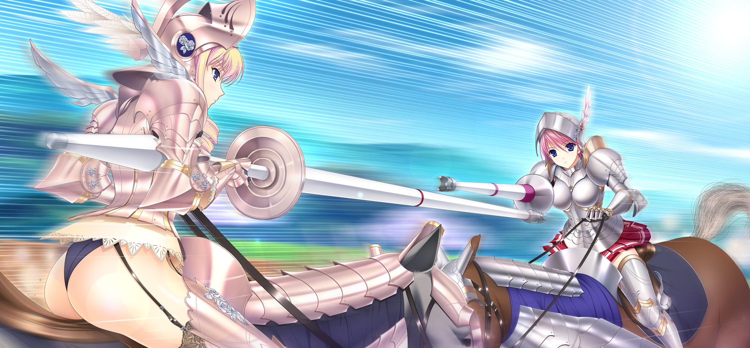 animal, armor, bertille_althusser, blonde_hair, blue_eyes, game_cg, garter_belt, horse
