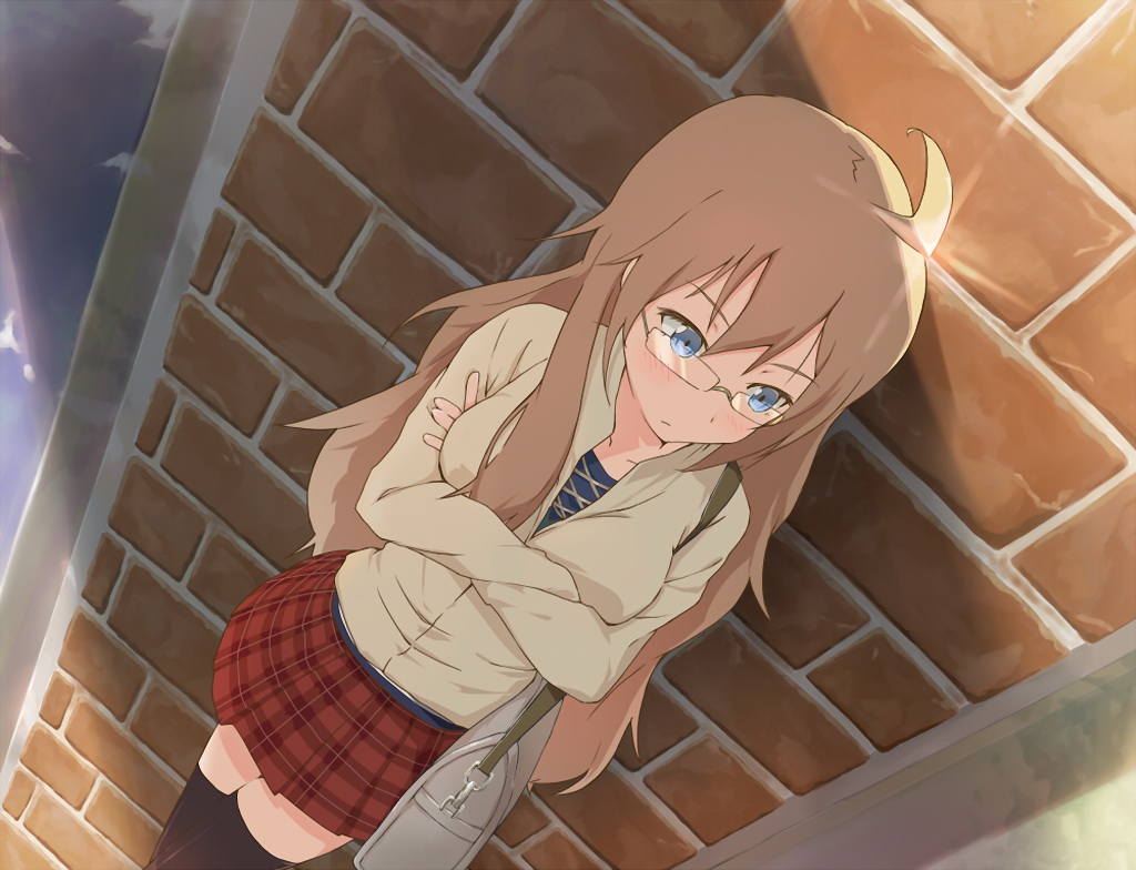 ben-to, blue_eyes, brown_hair, glasses, shaga_ayame