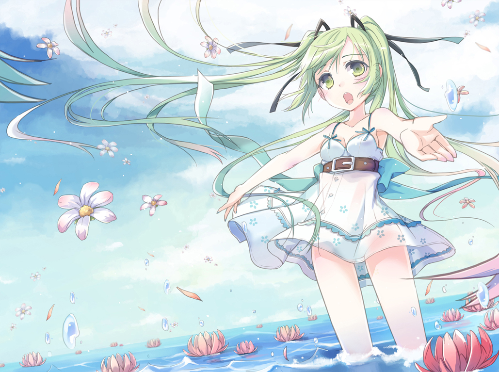 dress, flowers, hatsune_miku, jin_young-in, twintails, vocaloid, water, wet