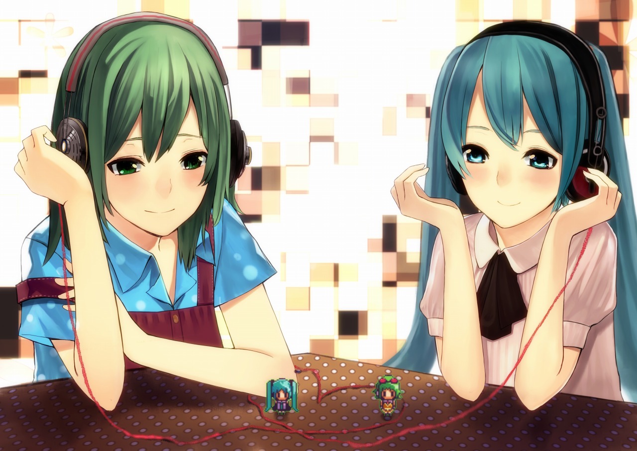 gumi, hatsune_miku, headphones, ichiko_oharu, vocaloid