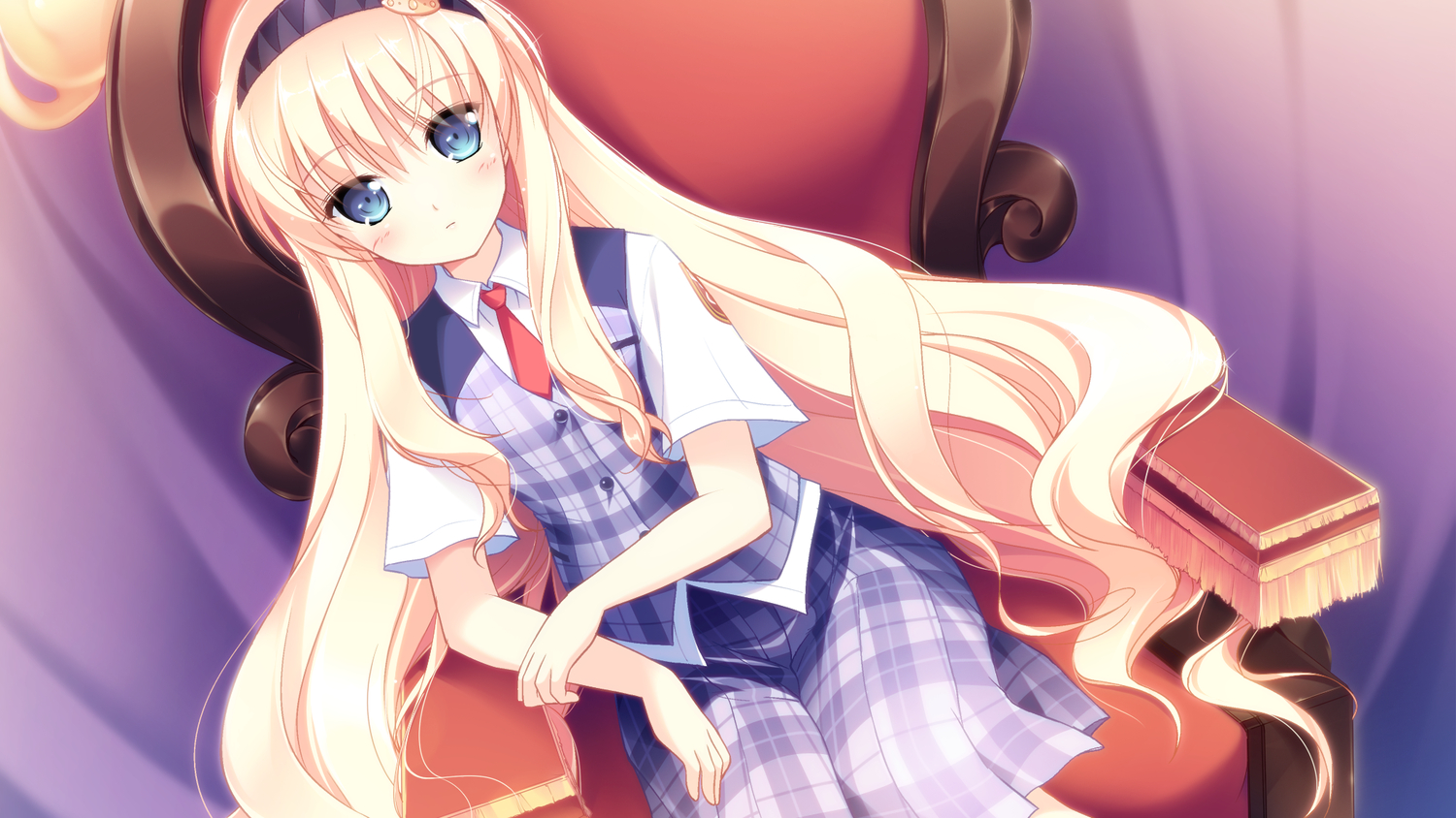 blonde_hair, blue_eyes, game_cg, haruka_ruha, long_hair, pulltop, school_uniform, shinsei_ni_shite_okasubekarazu