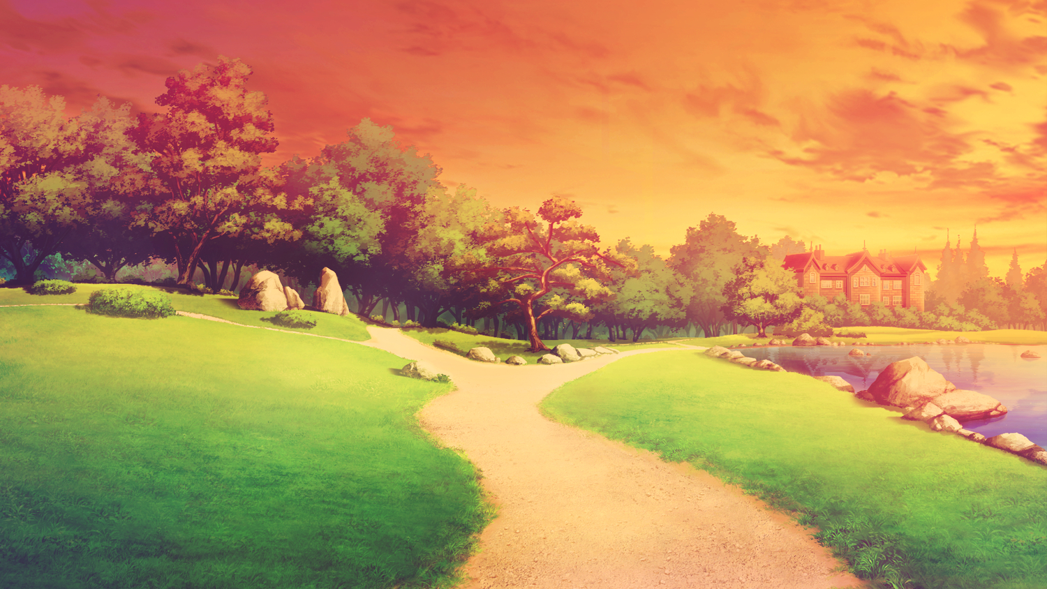 forest, game_cg, grass, landscape, no_humans, park, pulltop, scenic, shinsei_ni_shite_okasubekarazu, sky, sunset, tree, water