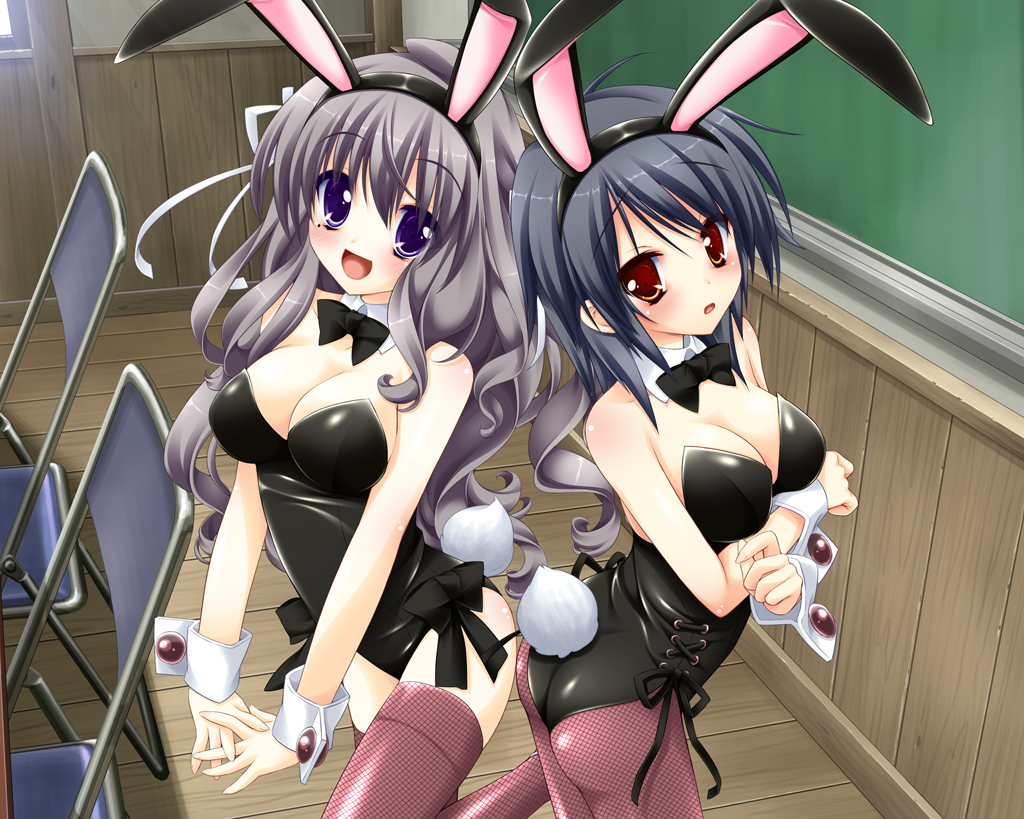 animal_ears, breast_hold, breasts, bunny_ears, bunnygirl, cleavage, game_cg, koiiro_soramoyou, leotard, lucie, mounai_kiyomi, tail, utsumi_shizuna