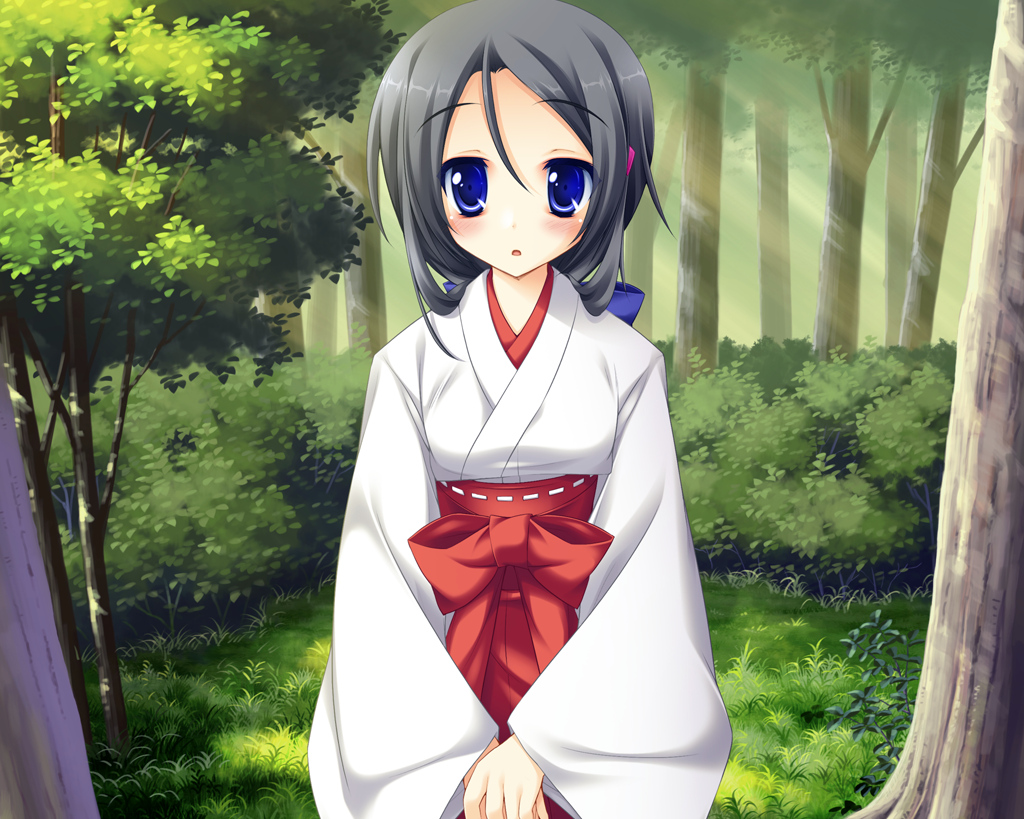 black_hair, blue_eyes, bow, game_cg, grass, japanese_clothes, koiiro_soramoyou, lucie