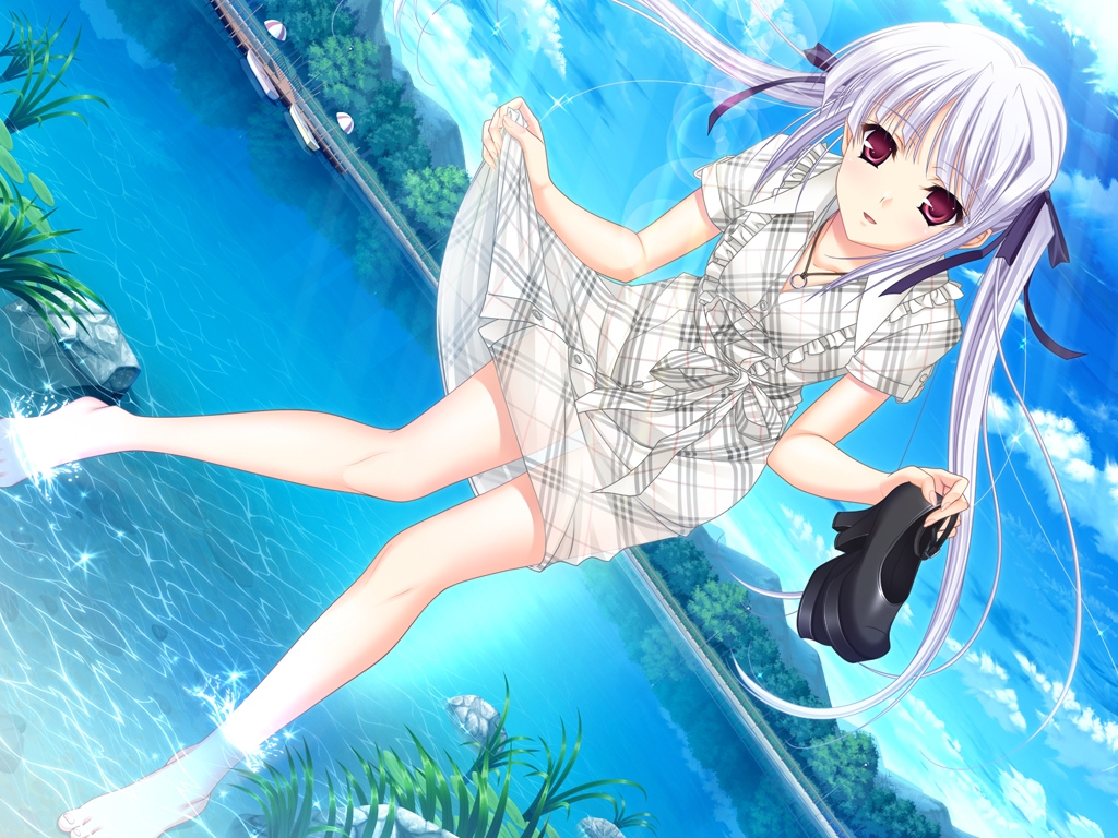 dress, game_cg, komori_kei, lisa_eostre, red_eyes, ricotta, twintails, walkure_romanze, water, white_hair