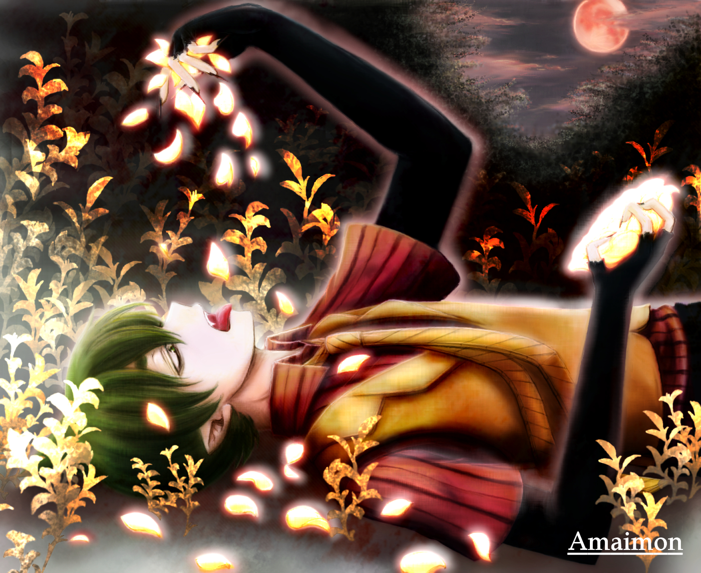 all_male, amaimon, ao_no_exorcist, echiyo_(artist), green_eyes, green_hair, male, moon