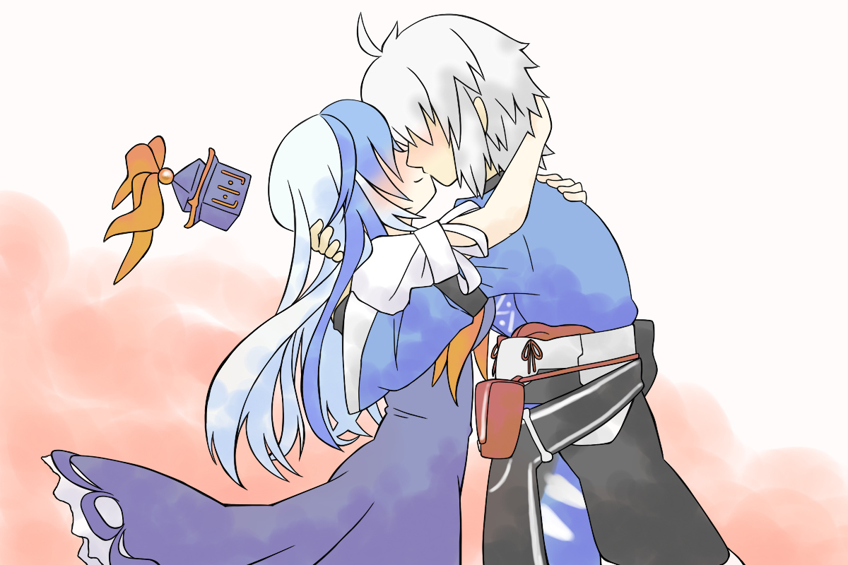 blush, dress, hat, kamishirasawa_keine, kiss, long_hair, male, morichika_rinnosuke, sag, short_hair, touhou, white_hair