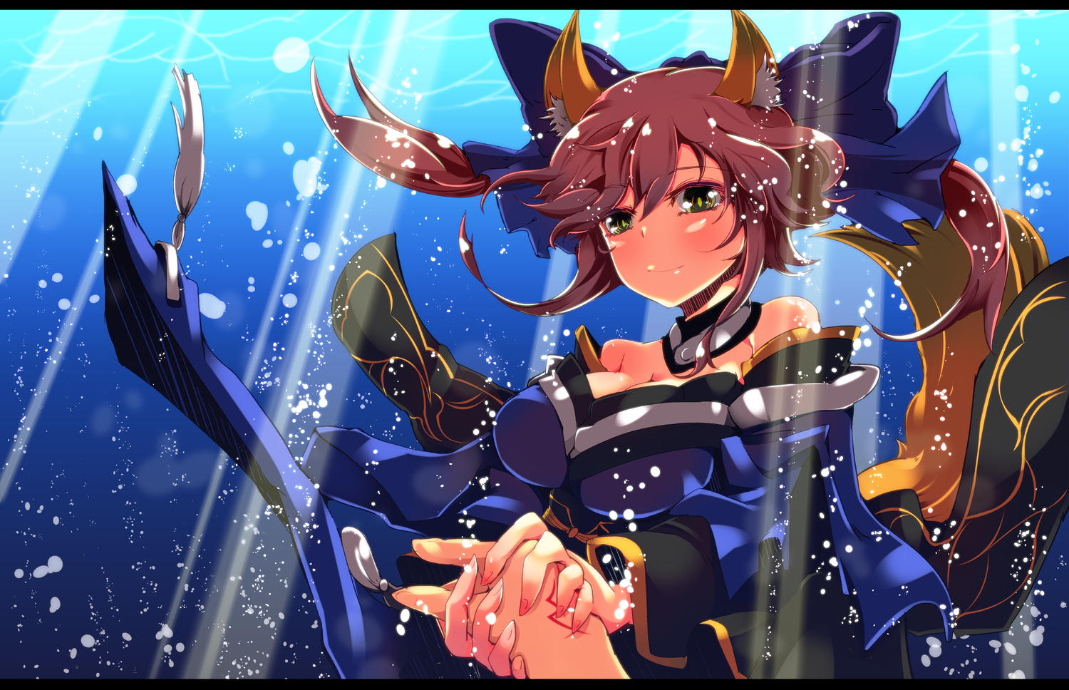 animal_ears, bow, fate/extra, fate_(series), foxgirl, jyuuji, tail, tamamo_no_mae_(fate), underwater, water