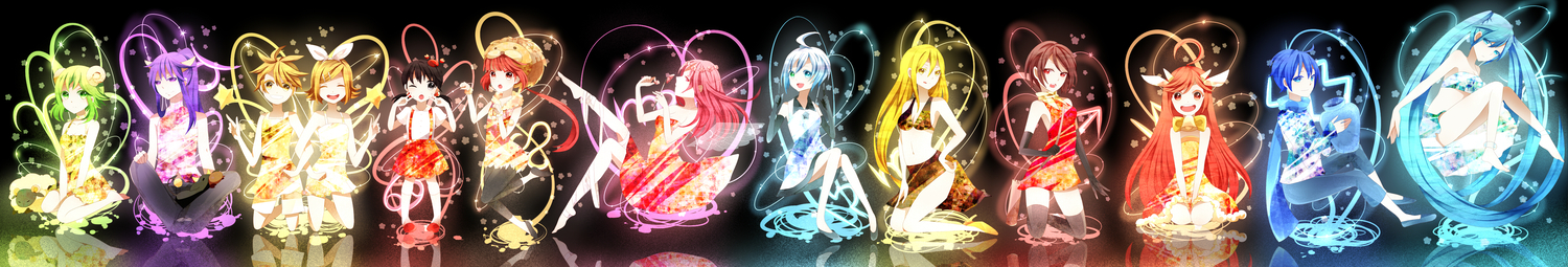 achiki, animal, bicolored_eyes, dualscreen, group, gumi, hatsune_miku, kaai_yuki, kagamine_len, kagamine_rin, kaito, kamui_gakupo, lily_(vocaloid), male, megurine_luka, meiko, miki_(vocaloid), nekomura_iroha, utatane_piko, vocaloid