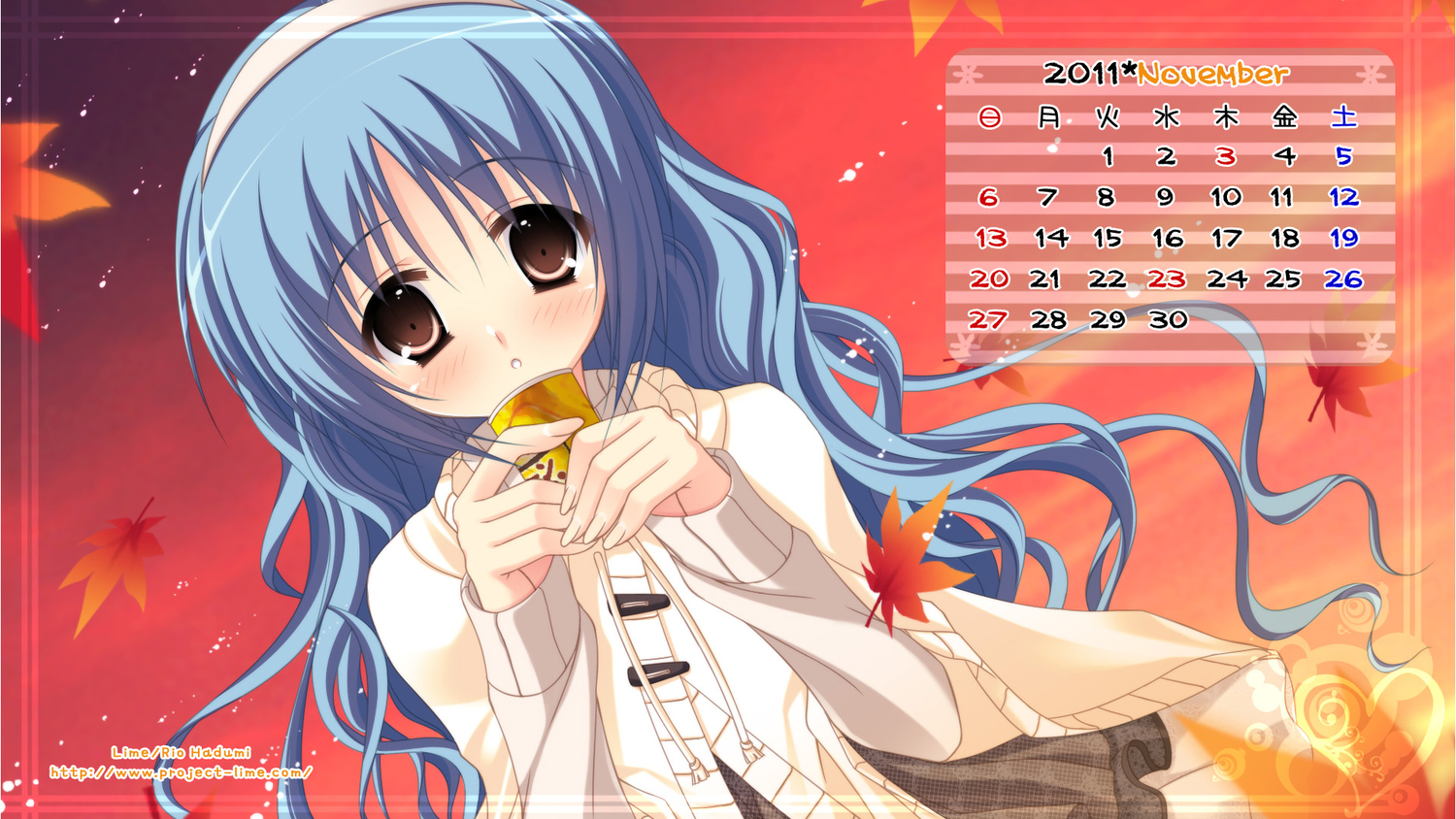 calendar, drink, hazumi_rio, lime_(company), long_hair, original, scarf