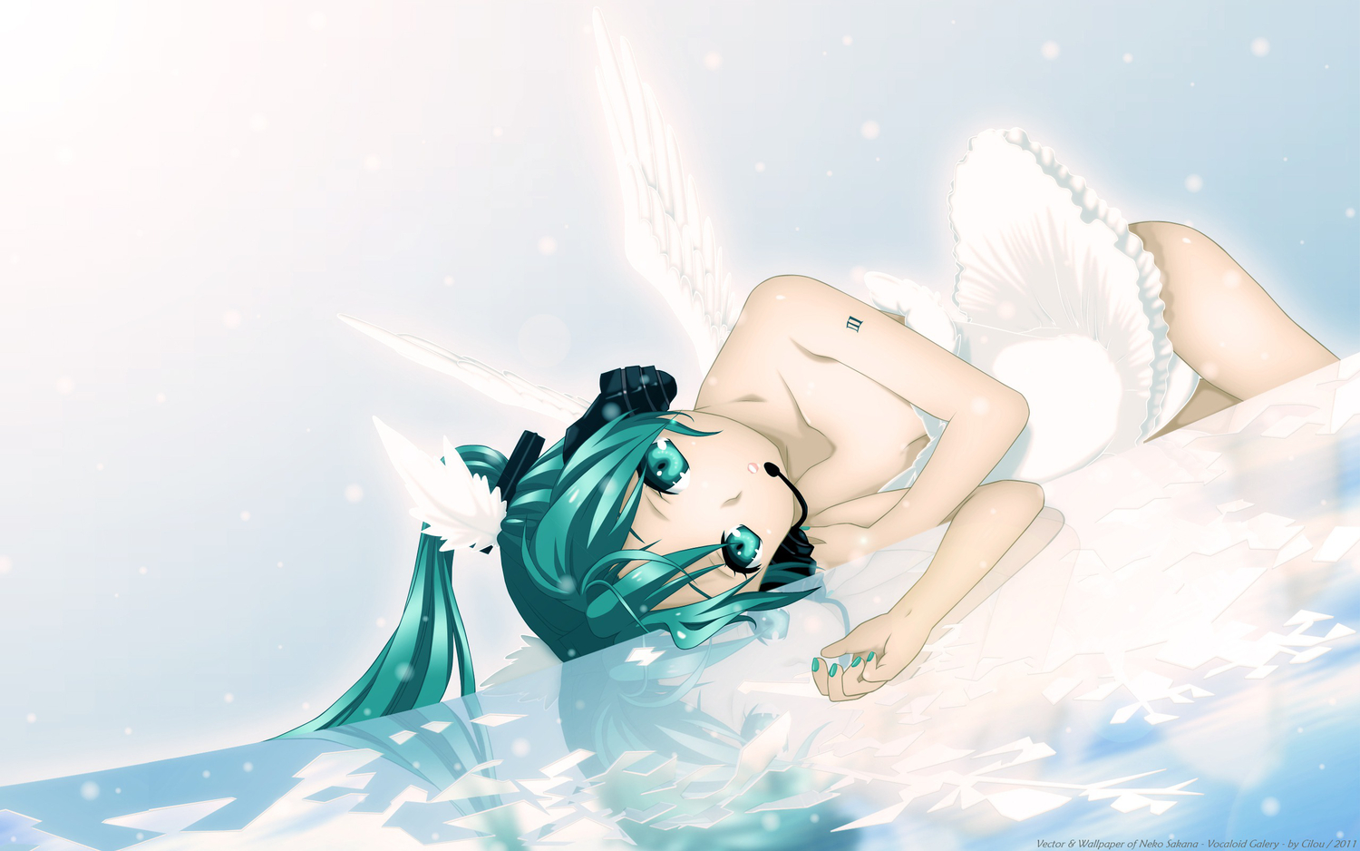 aqua_eyes, aqua_hair, hatsune_miku, headphones, neko_sakana, twintails, vocaloid, wings