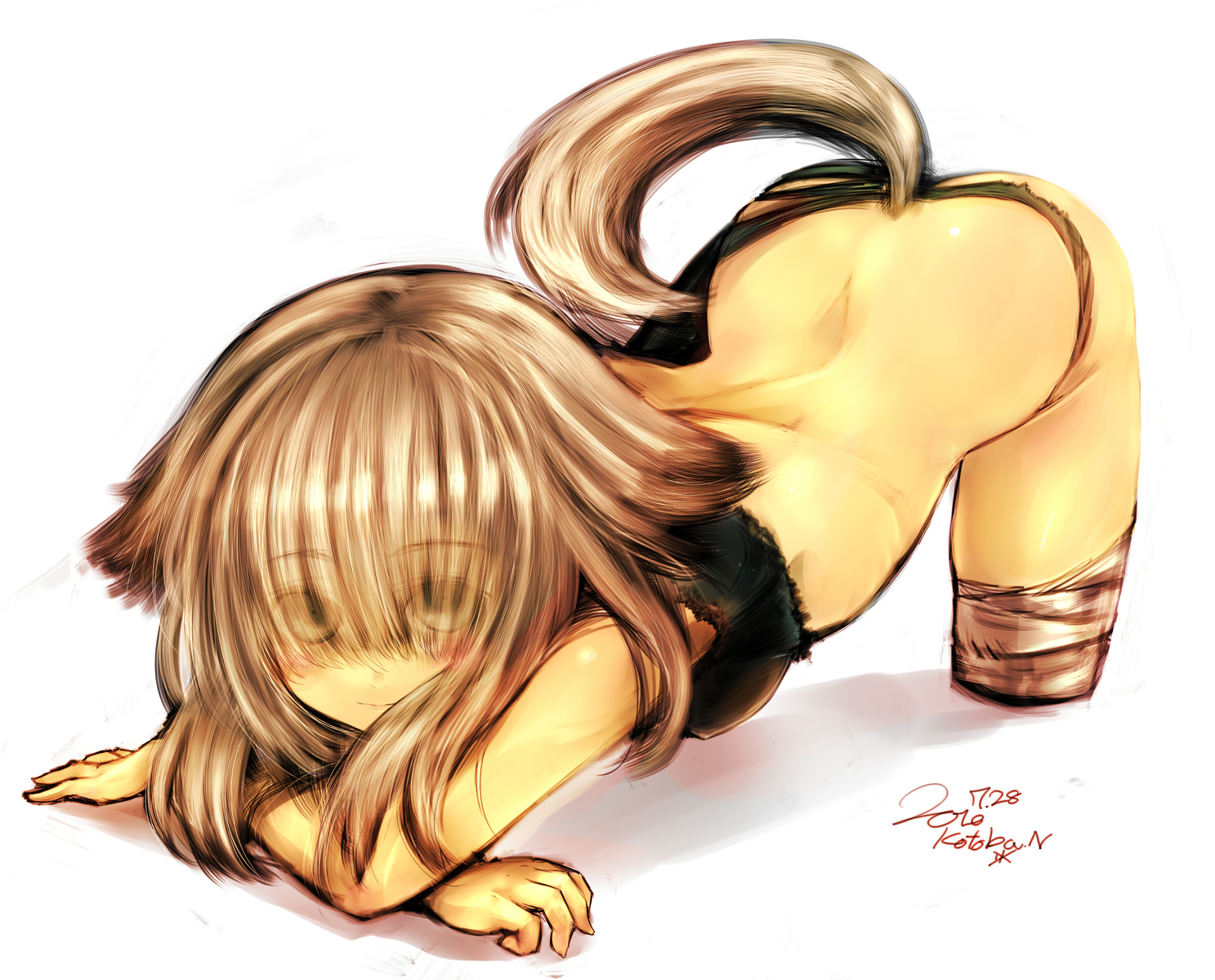 animal_ears, blush, brown_hair, doggirl, kotoba_noriaki, long_hair, original, signed