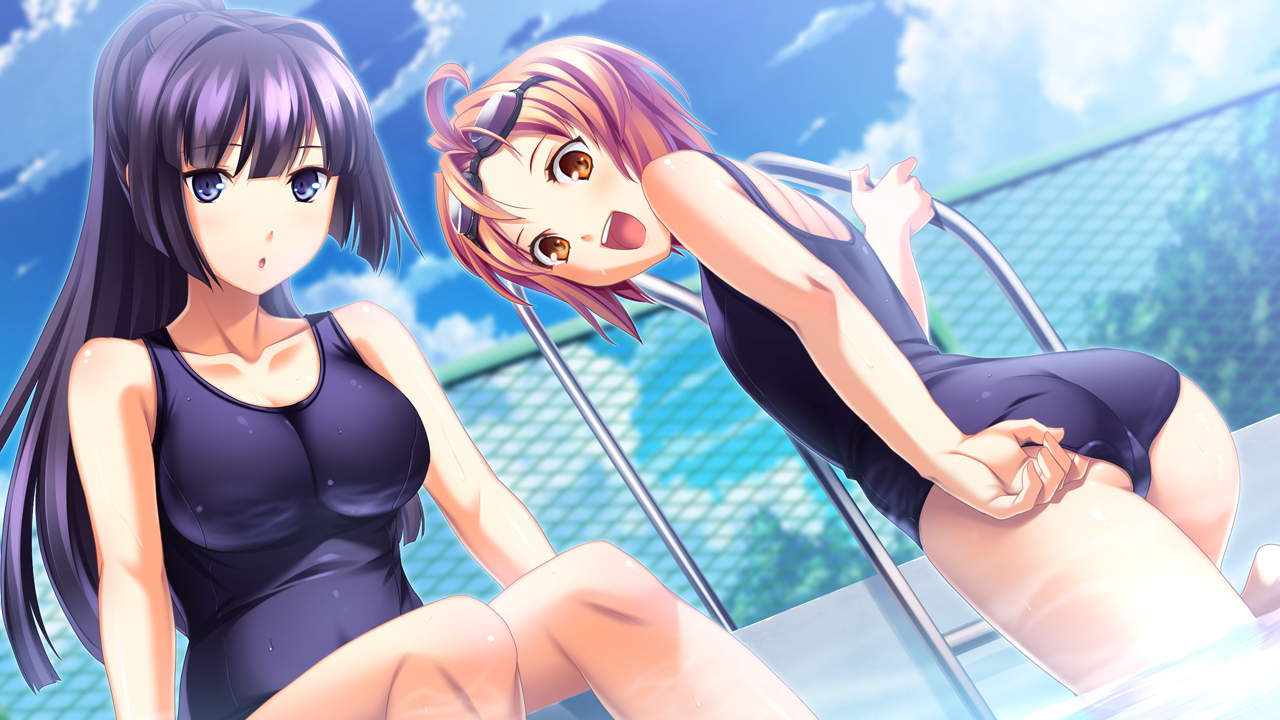 2girls, agano_hikaru, game_cg, izuna_zanshinken, kuzuryuu_suzuka, pool, school_swimsuit, swimsuit