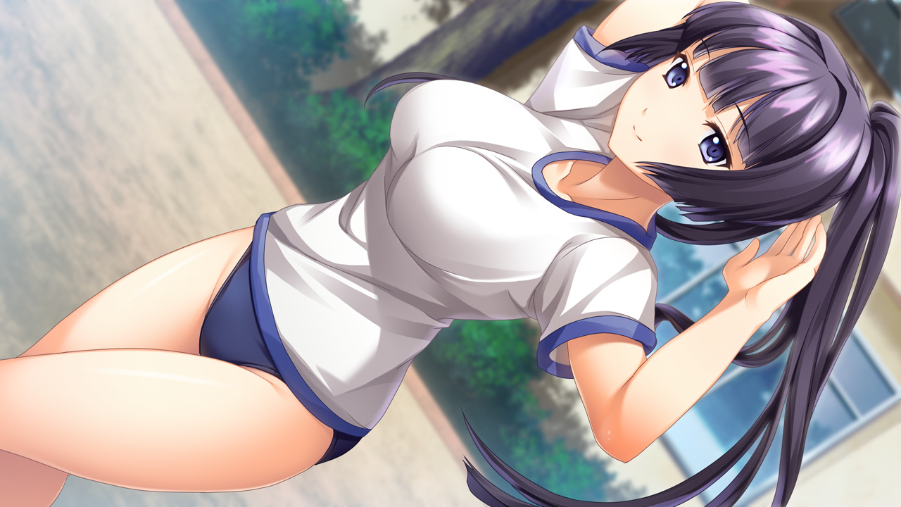 akatsuki-works, black_hair, bloomers, game_cg, gym_uniform, izuna_zanshinken, kuzuryuu_suzuka, ponytail