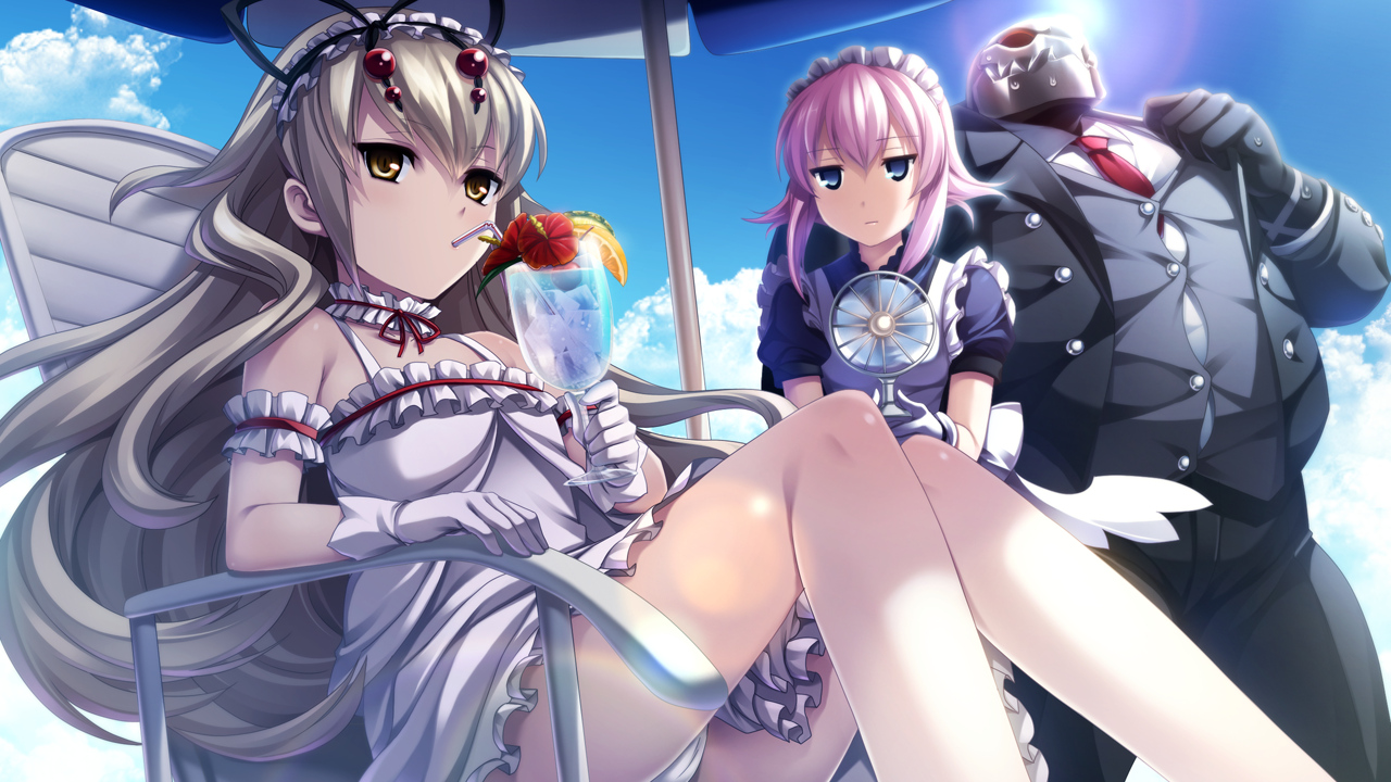 blonde_hair, dress, drink, gabrielle, game_cg, gloves, izuna_zanshinken, neon_dragulescu_buzau, panties, scarface_(izuna_zanshinken), underwear