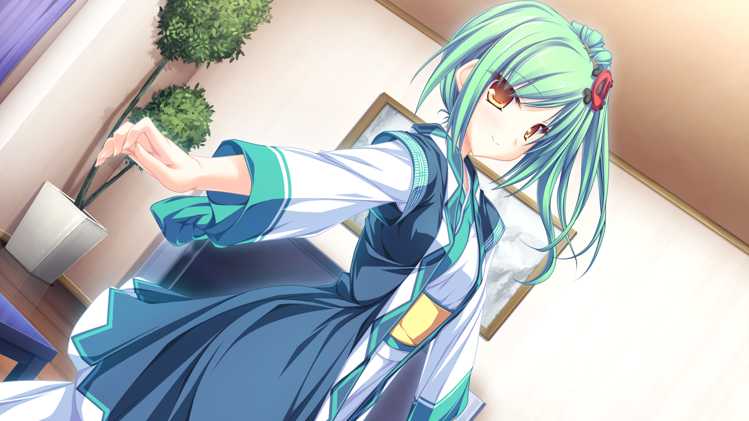 enomoto_yoshika, game_cg, green_hair, japanese_clothes, maikaze_no_melt, orange_eyes, tenmaso, whirlpool