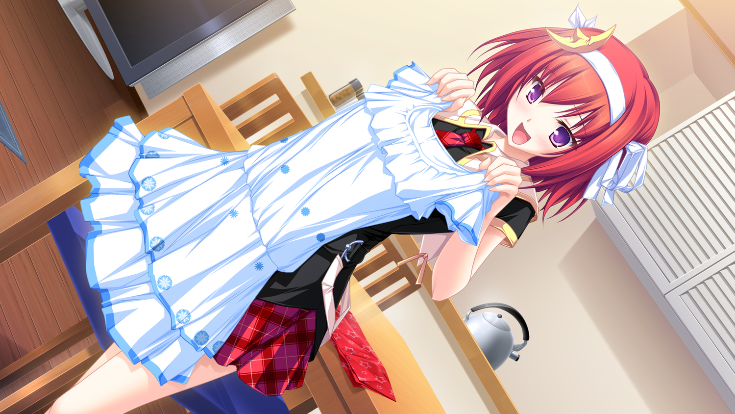 dress, game_cg, headband, maikaze_no_melt, purple_eyes, red_hair, ribbons, school_uniform