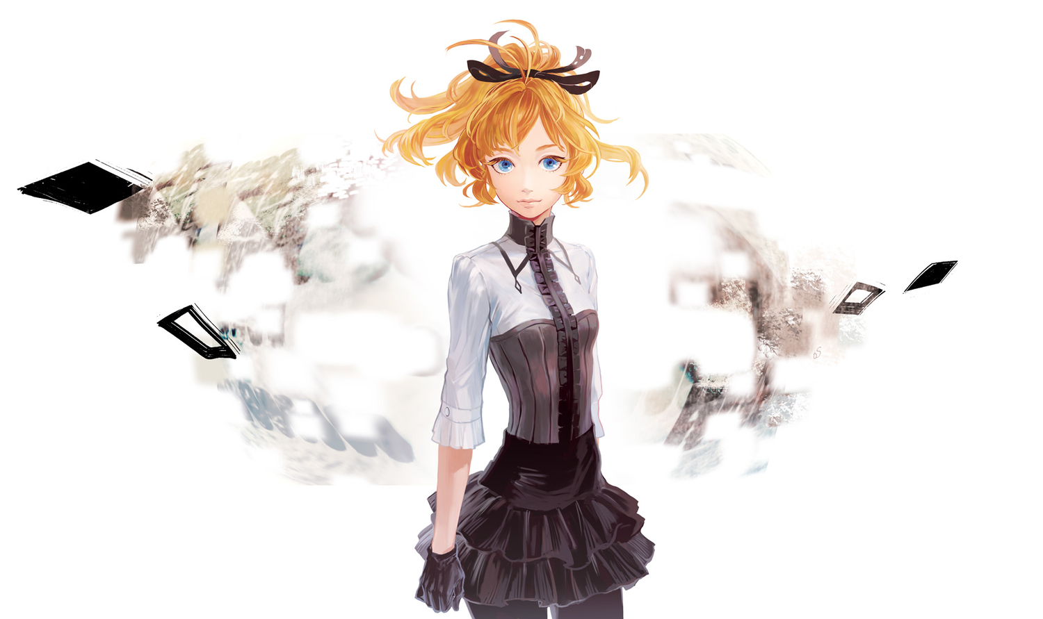 blonde_hair, blue_eyes, gloves, iwamoto_james, original, pantyhose, ribbons, short_hair, skirt, white