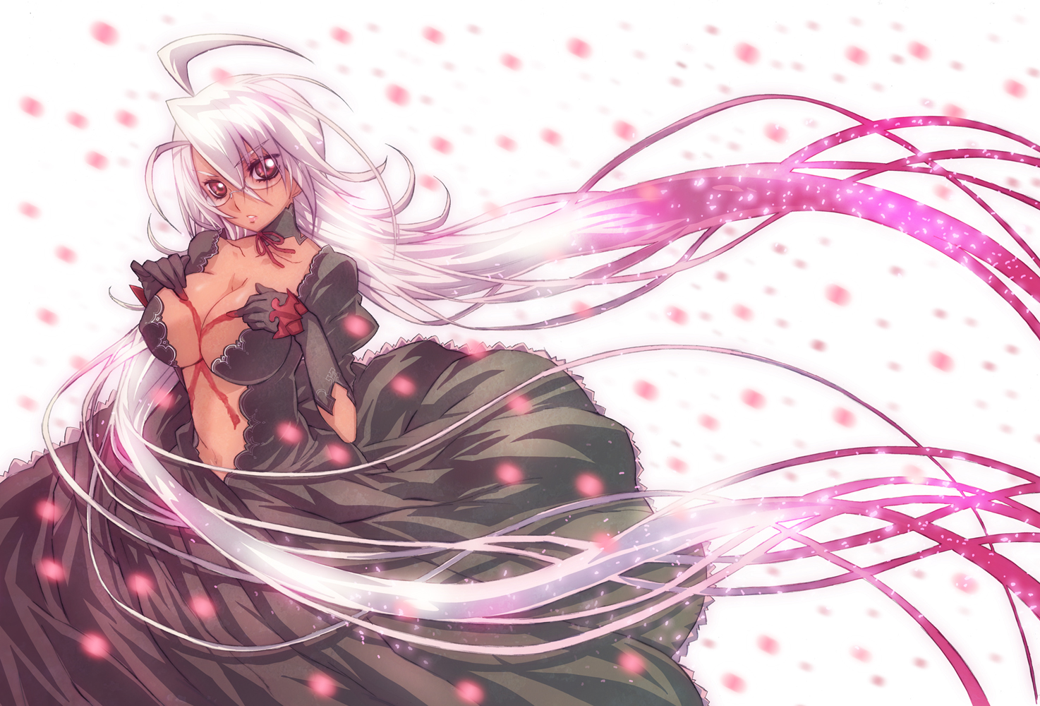 breasts, cleavage, dark_skin, glasses, long_hair, nagy, original, red_eyes, tagme, white_hair