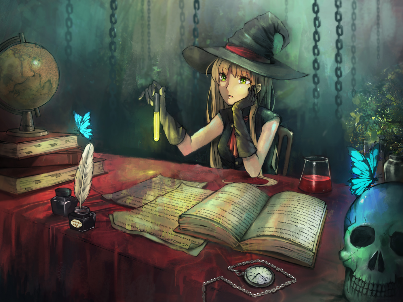 blonde_hair, book, butterfly, chain, original, seafh, skull, witch