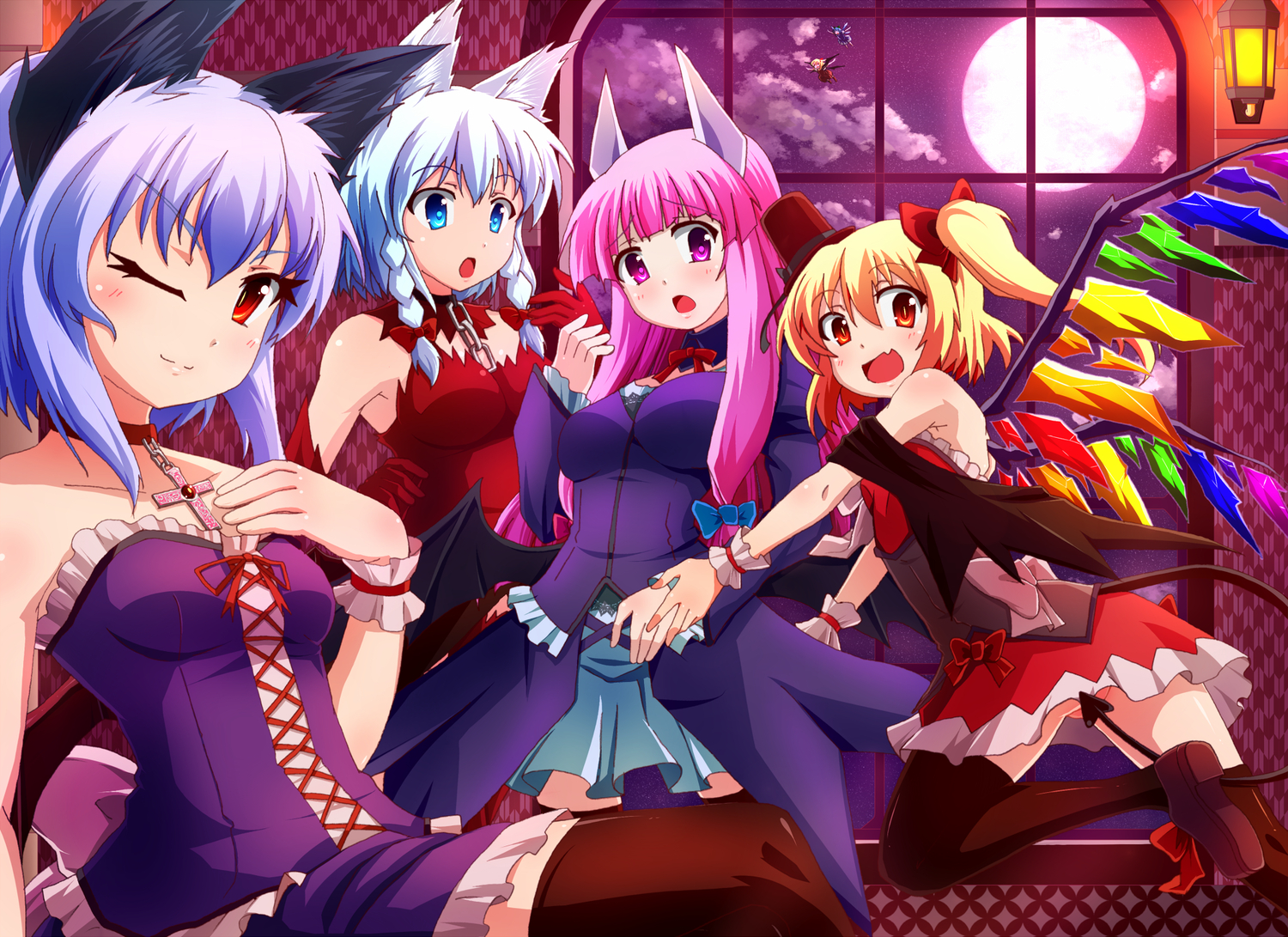 animal_ears, blonde_hair, blue_eyes, byoubyou, catgirl, cirno, collar, cross, elbow_gloves, fairy, fang, flandre_scarlet, gloves, gray_hair, group, izayoi_sakuya, moon, patchouli_knowledge, pink_hair, red_eyes, remilia_scarlet, rumia, tail, thighhighs, touhou, vampire, wings