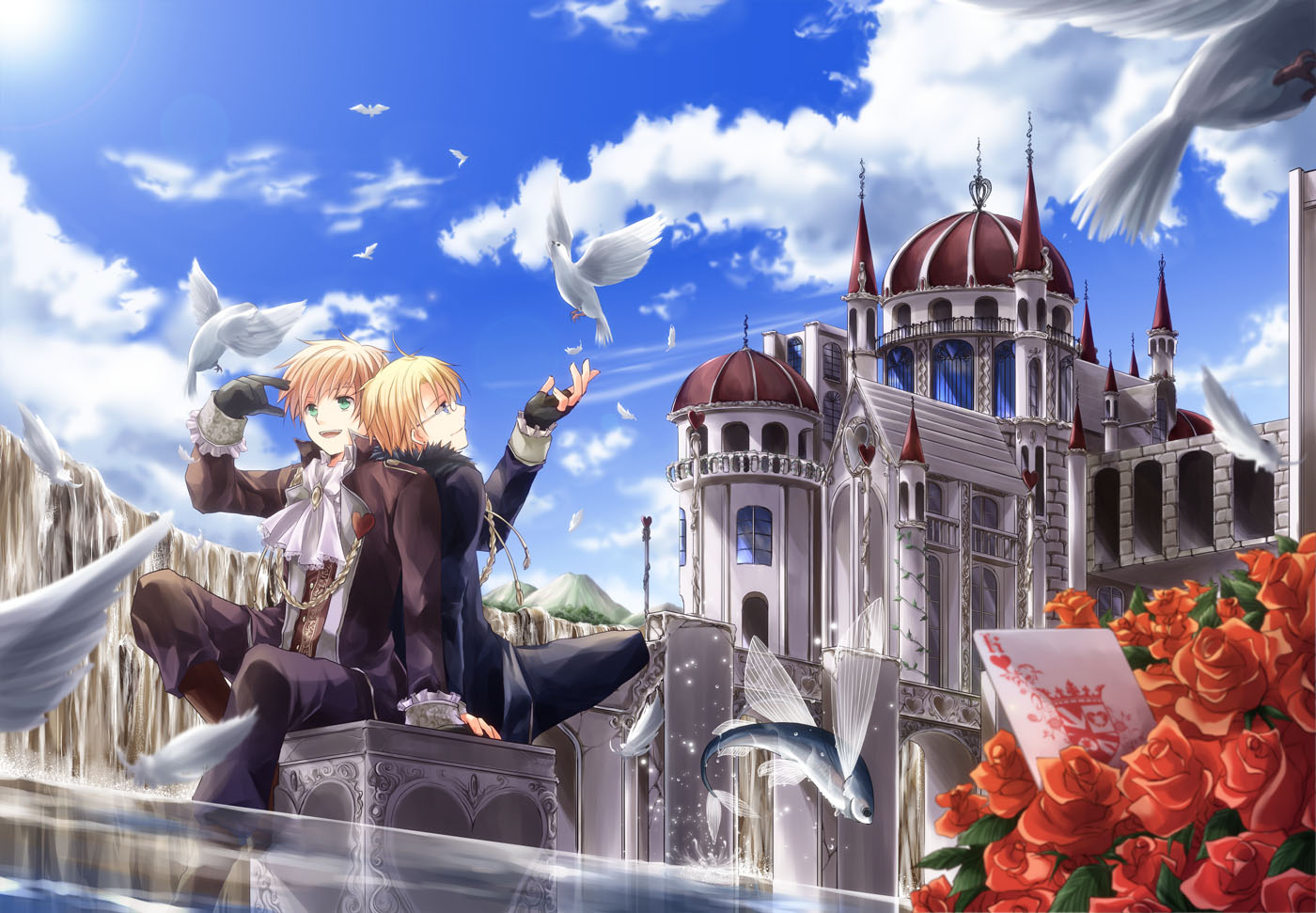 all_male, america_(hetalia), animal, anthropomorphism, axis_powers_hetalia, bird, blonde_hair, clouds