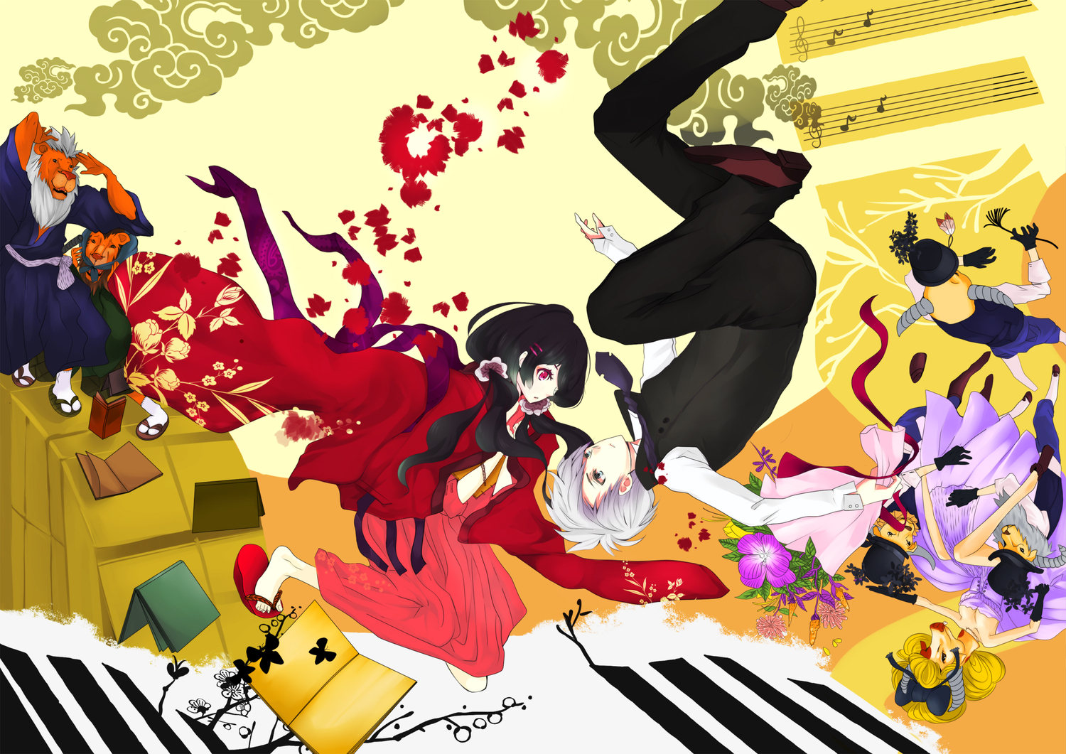 book, dress, flowers, japanese_clothes, tagme, uni_(nacchan)