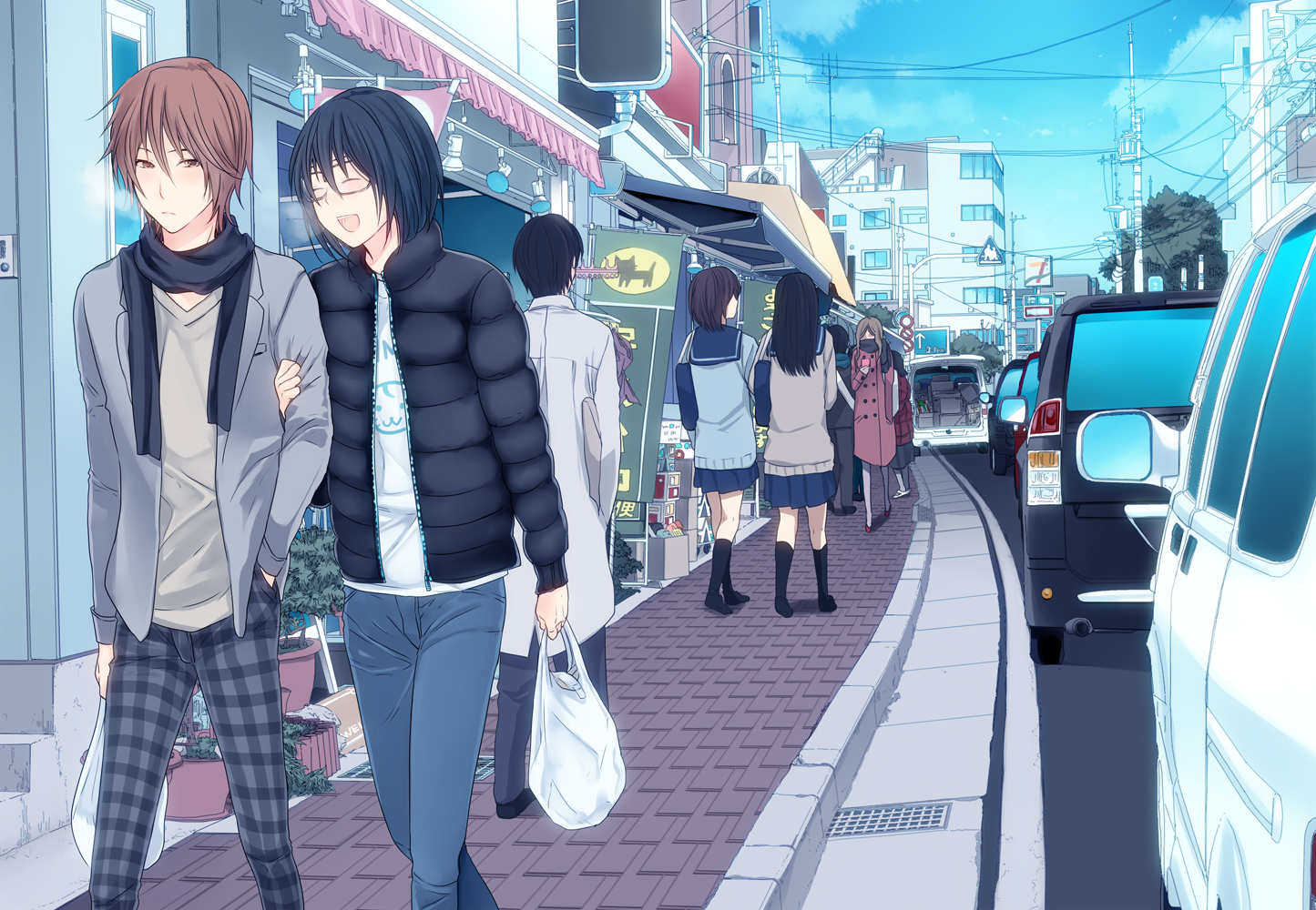 3u, bakuman, building, car, city, glasses, kosugi, nanamine_tooru, school_uniform
