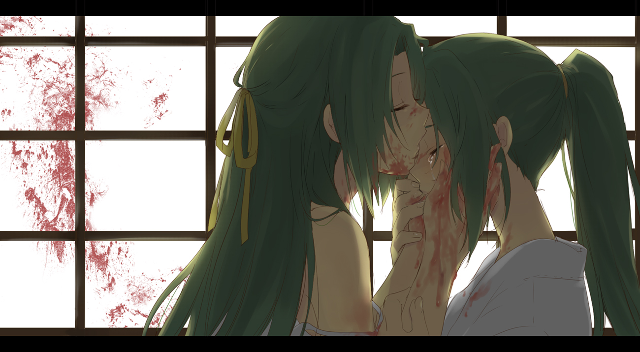 blood, crying, green_hair, higurashi_no_naku_koro_ni, sonozaki_mion, sonozaki_shion, tears, twins
