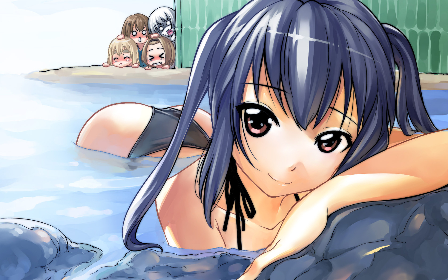 akiyama_mio, bikini, black_hair, blonde_hair, blush, brown_eyes, brown_hair, hirasawa_yui, huiyulain, k-on!, kotobuki_tsumugi, long_hair, nakano_azusa, short_hair, swimsuit, tainaka_ritsu, twintails, water