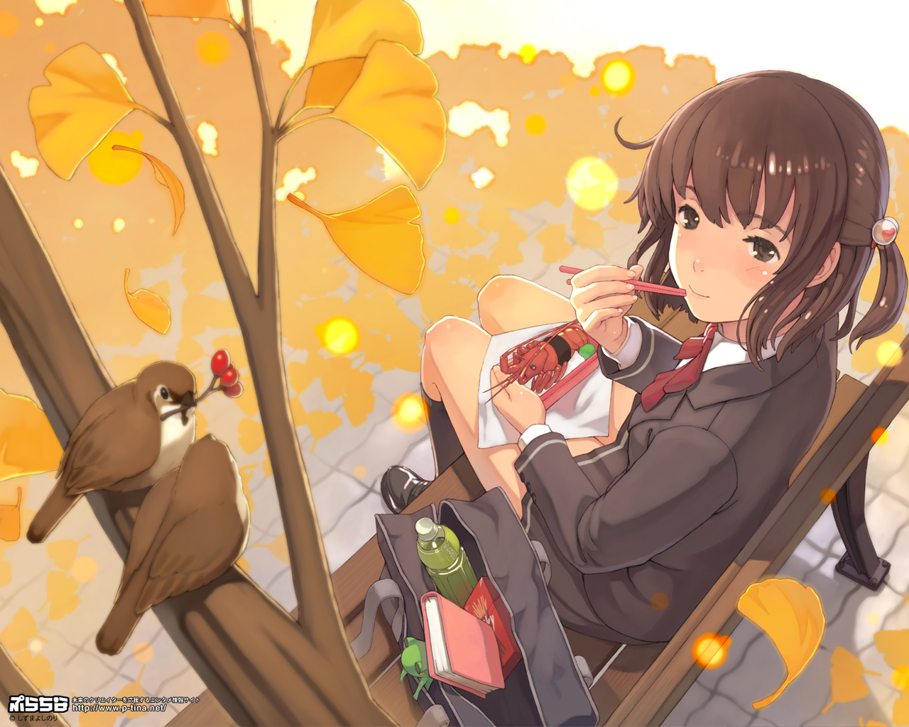 animal, autumn, bird, brown_hair, food, leaves, school_uniform, shizuma_yoshinori