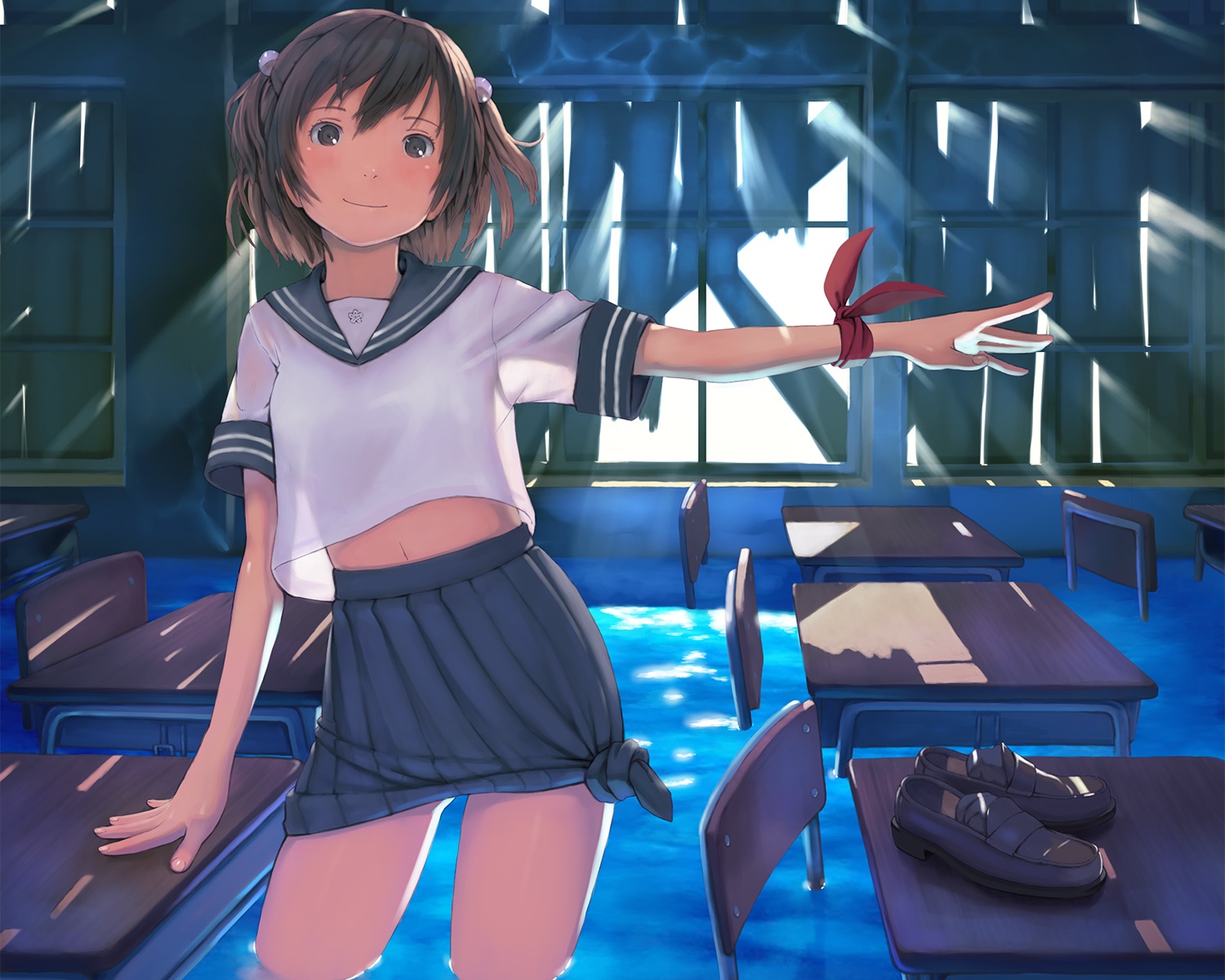 brown_hair, original, school_uniform, shizuma_yoshinori, short_hair, water