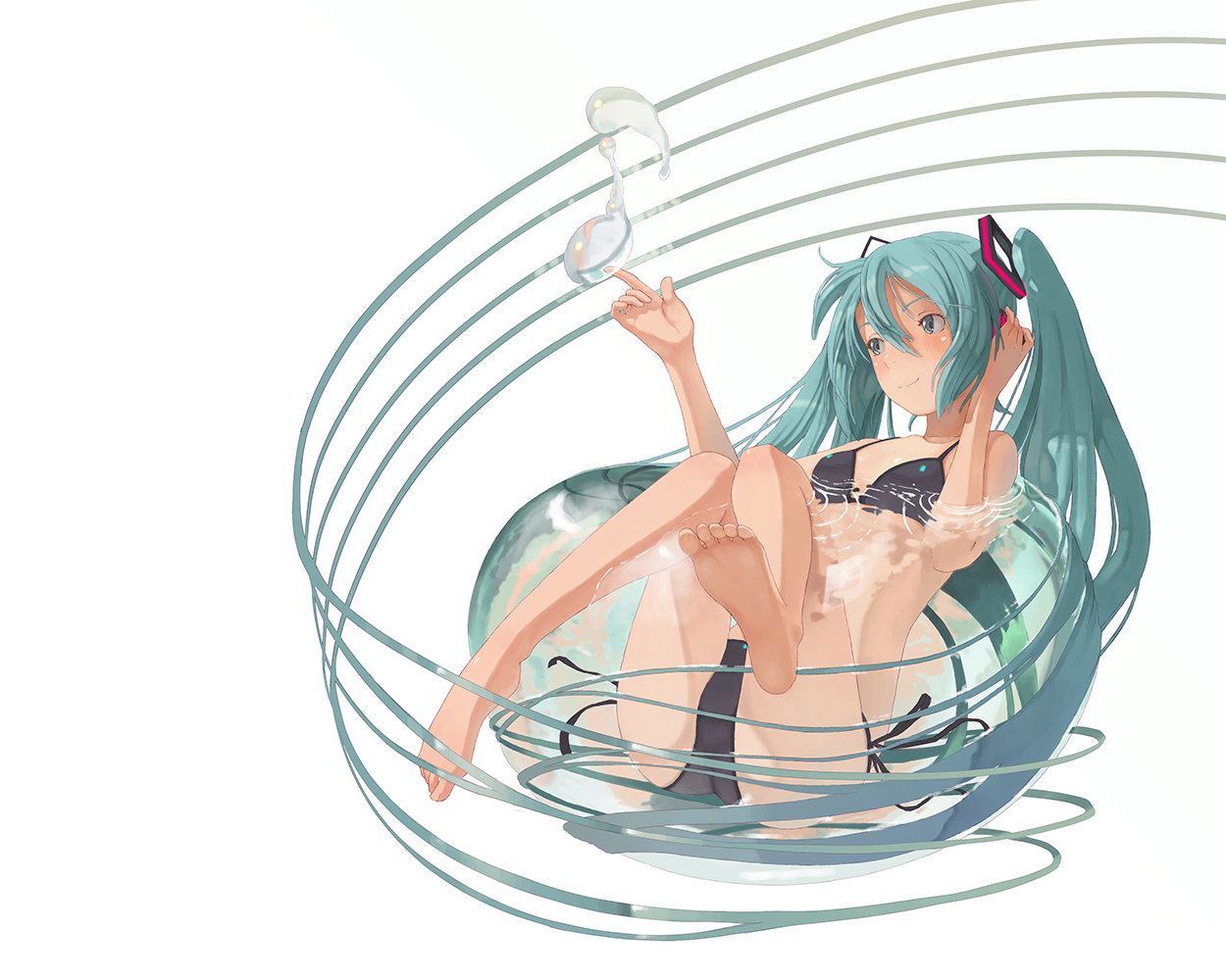 aqua_eyes, aqua_hair, barefoot, bikini, hatsune_miku, headphones, shizuma_yoshinori, swimsuit
