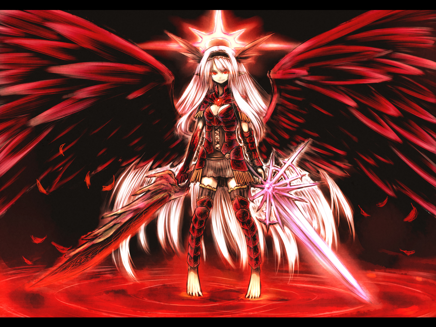 armor, barefoot, breasts, chankodining_waka, long_hair, original, pink_hair, red_eyes