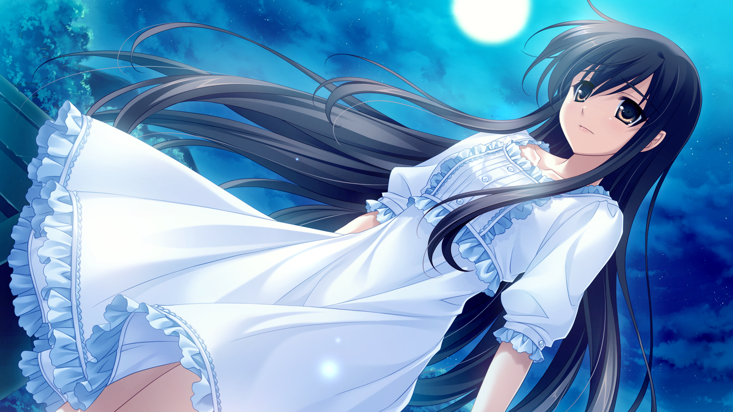 black_hair, cabbit, dress, game_cg, long_hair, michiru_(midori_no_umi), midori_no_umi, moon, night, saeki_hokuto