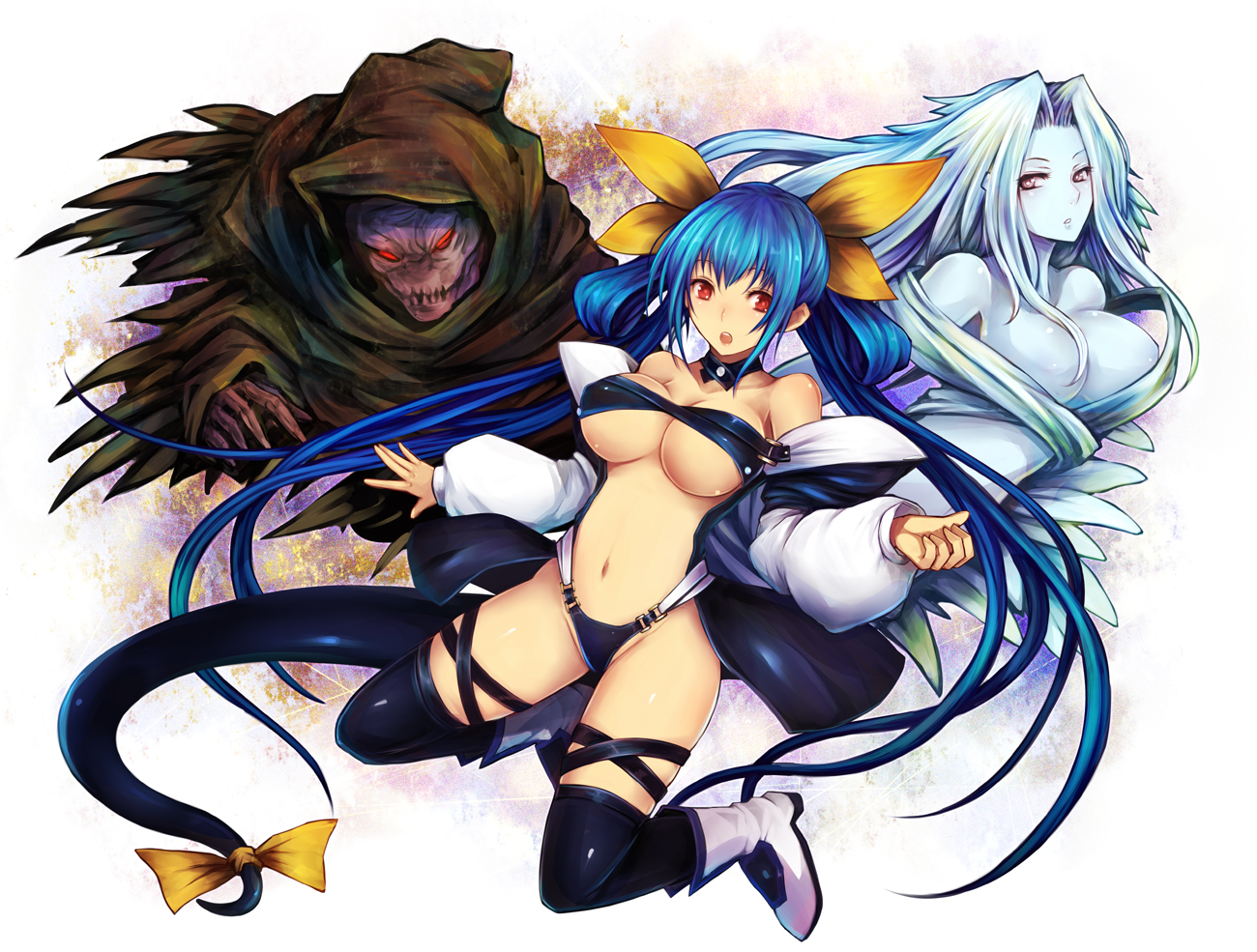 blue_hair, bow, breasts, cleavage, dizzy, guilty_gear, kara_(color), necro_(guilty_gear), no_bra, panties, pink_eyes, ribbons, tail, underwear, undine_(guilty_gear)