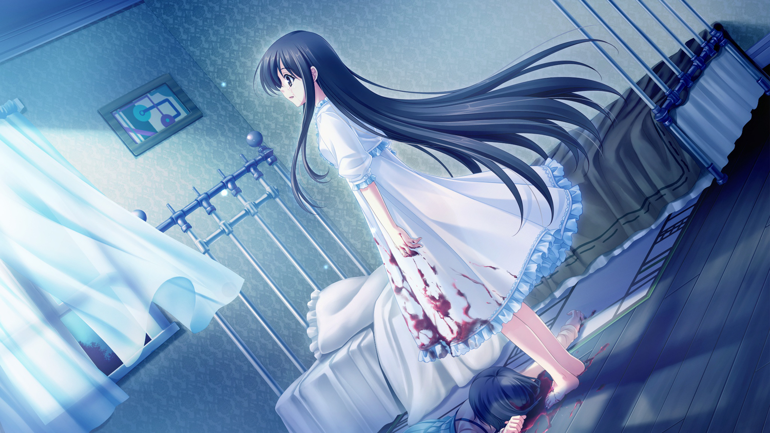 2girls, black_hair, blood, cabbit, crying, dress, game_cg, long_hair, michiru_(midori_no_umi), midori_no_umi, night, saeki_hokuto, tears