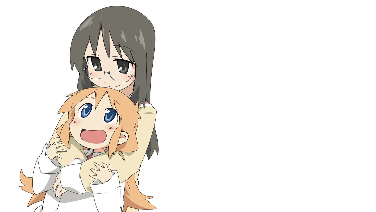 2girls, black_eyes, black_hair, blue_eyes, glasses, hakase_(nichijou), long_hair, minakami_mai