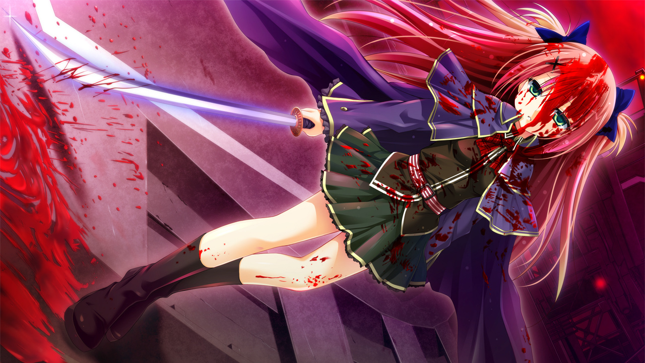 blood, cape, game_cg, green_eyes, katana, master×re:master, mitsuki_nanami, ninoko