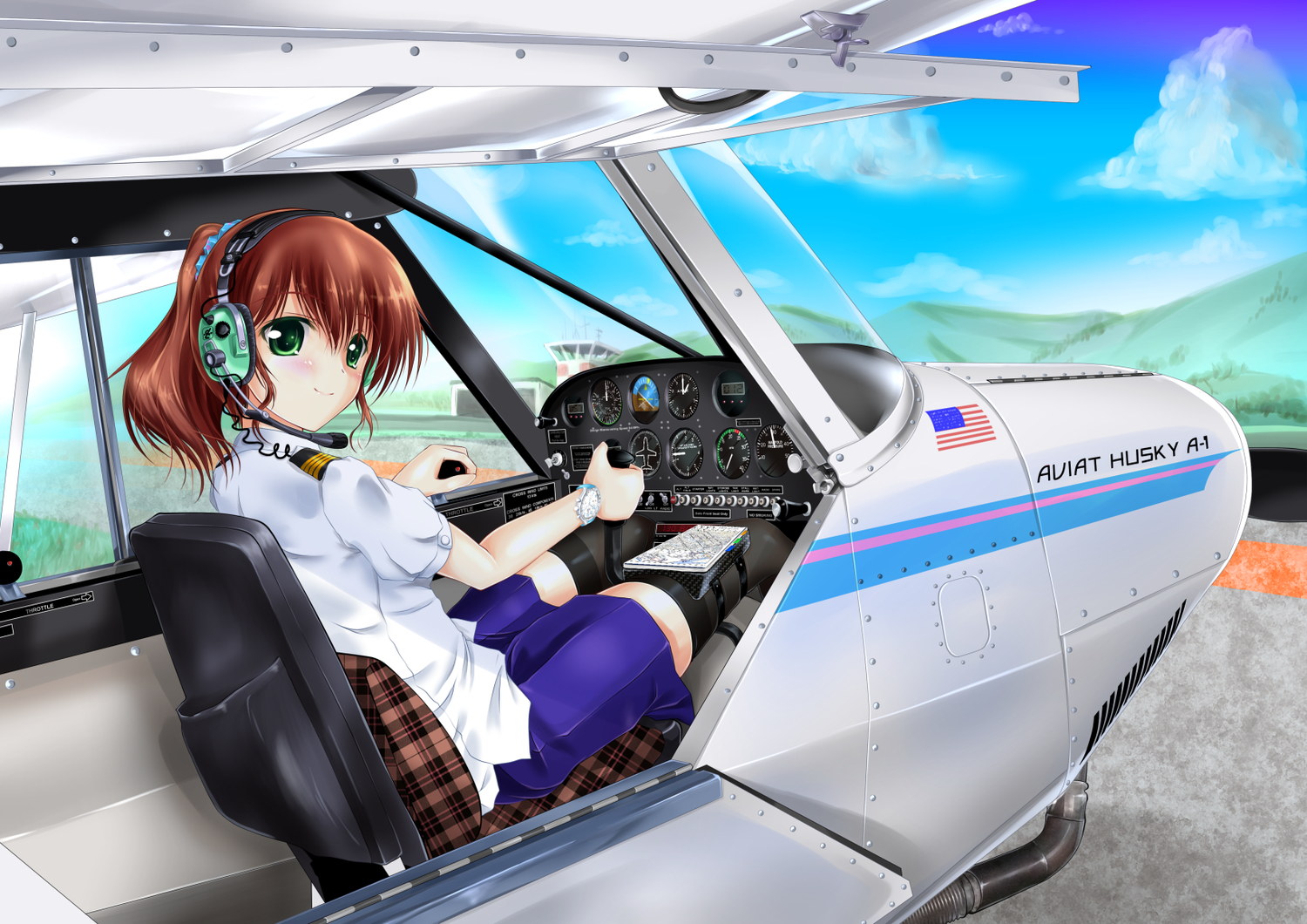 aircraft, green_eyes, headphones, original, sakurajousui_neko