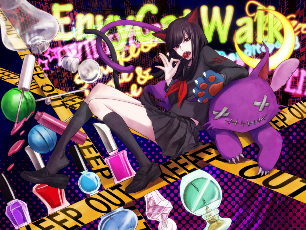 animal_ears, black_hair, catgirl, envy_catwalk_(vocaloid), hatsune_miku, original, red_eyes, school_uniform