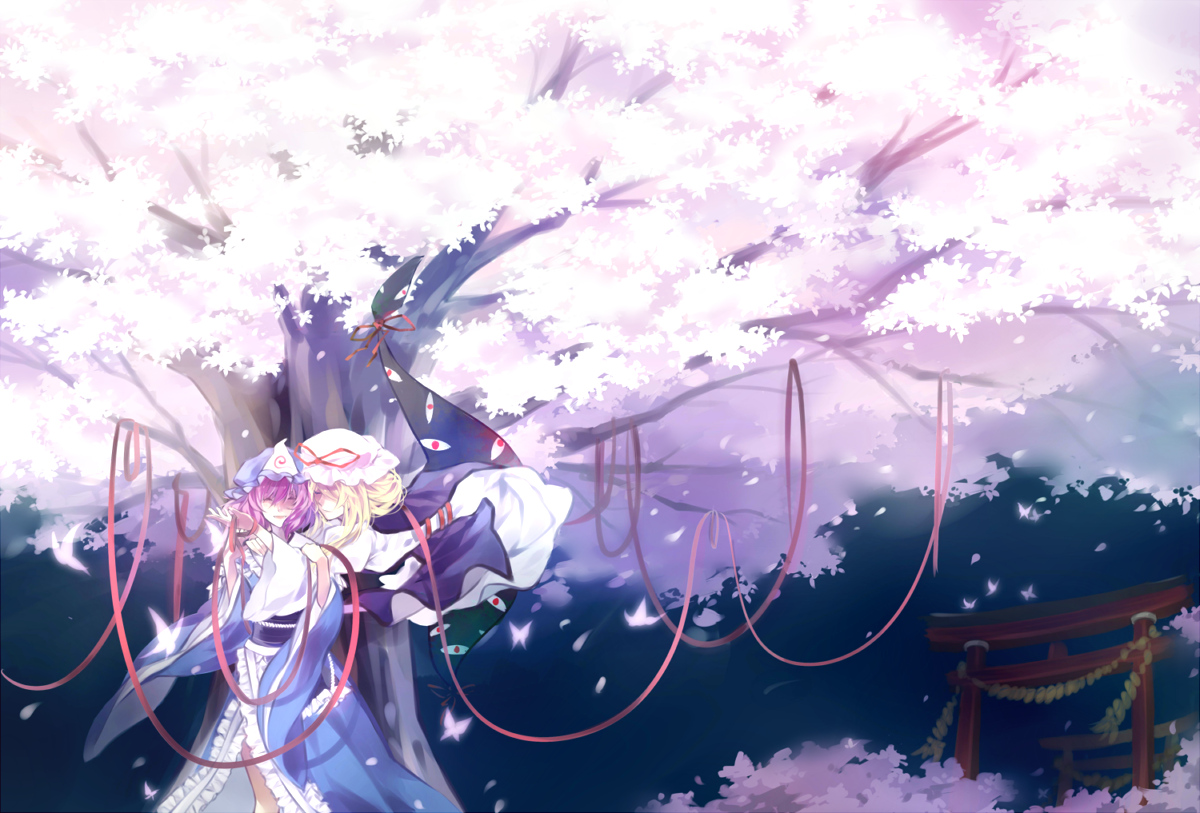 cherry_blossoms, dress, flowers, hat, ikasemih, japanese_clothes, petals, ribbons