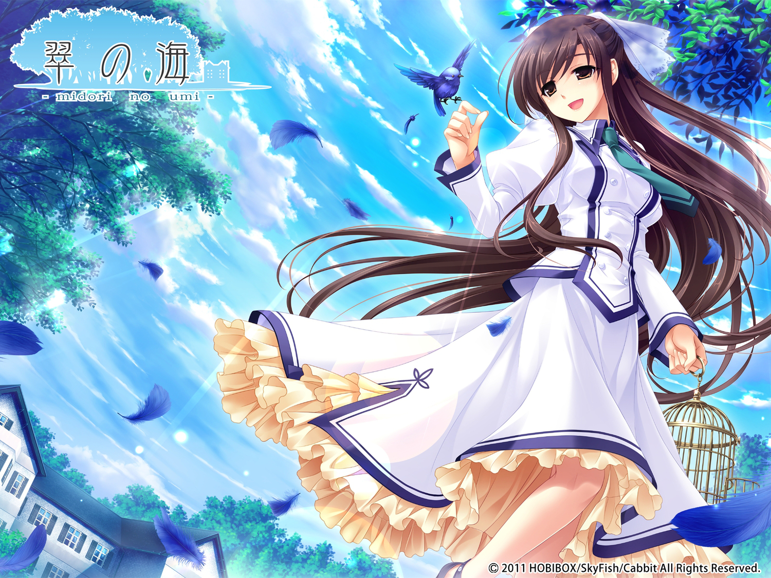 animal, bird, cabbit, long_hair, michiru_(midori_no_umi), midori_no_umi, saeki_hokuto, school_uniform