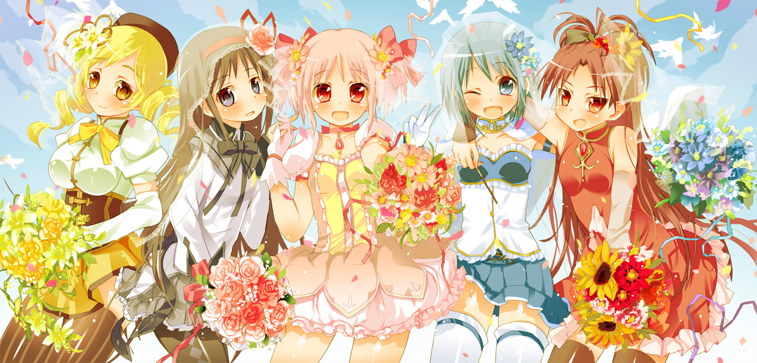 akemi_homura, flowers, kaname_madoka, mahou_shoujo_madoka_magica, miki_sayaka, sakura_kyouko, sodapop_(iemaki), tomoe_mami