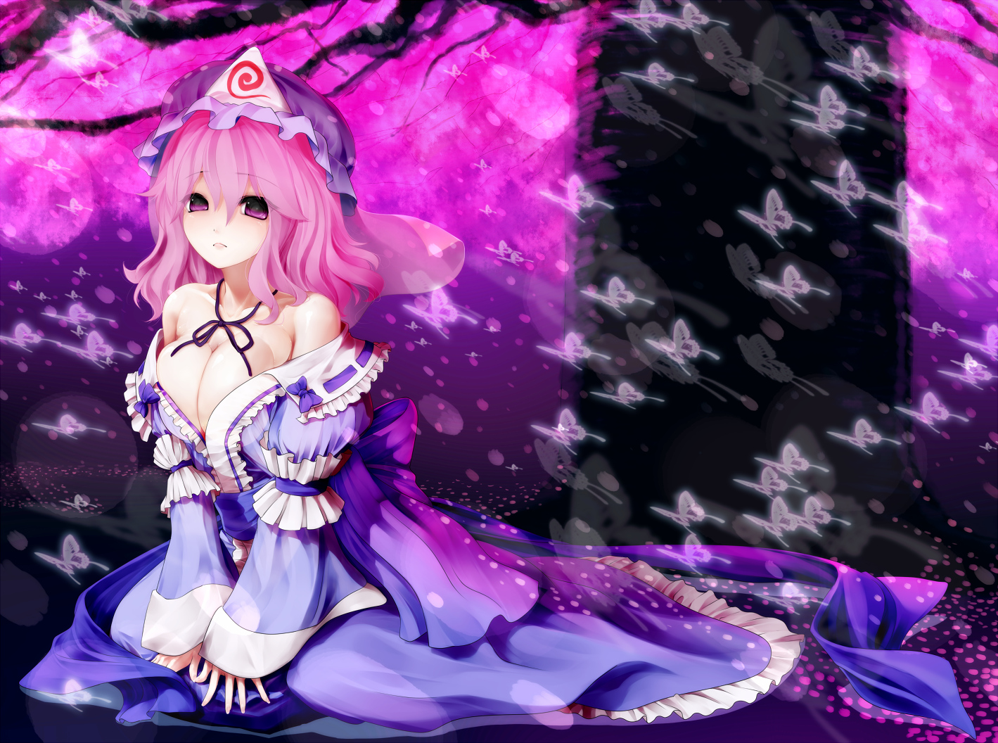 breasts, butterfly, cleavage, dress, hat, pink_hair, purple_eyes, saigyouji_yuyuko, tengoku, touhou