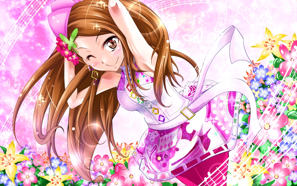 brown_hair, flowers, idolmaster, kuno_toya, minase_iori, wink