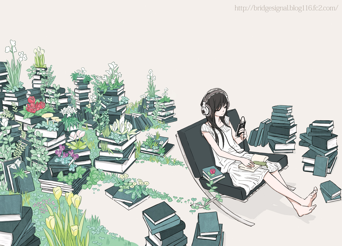 arakawa_(aintnoroom), barefoot, black_hair, book, flowers, headphones, original, watermark
